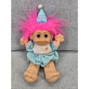 Russ Berrie Happy Birthday Troll Doll Pink Hair 12" Vintage Plush Toy Pink Hair